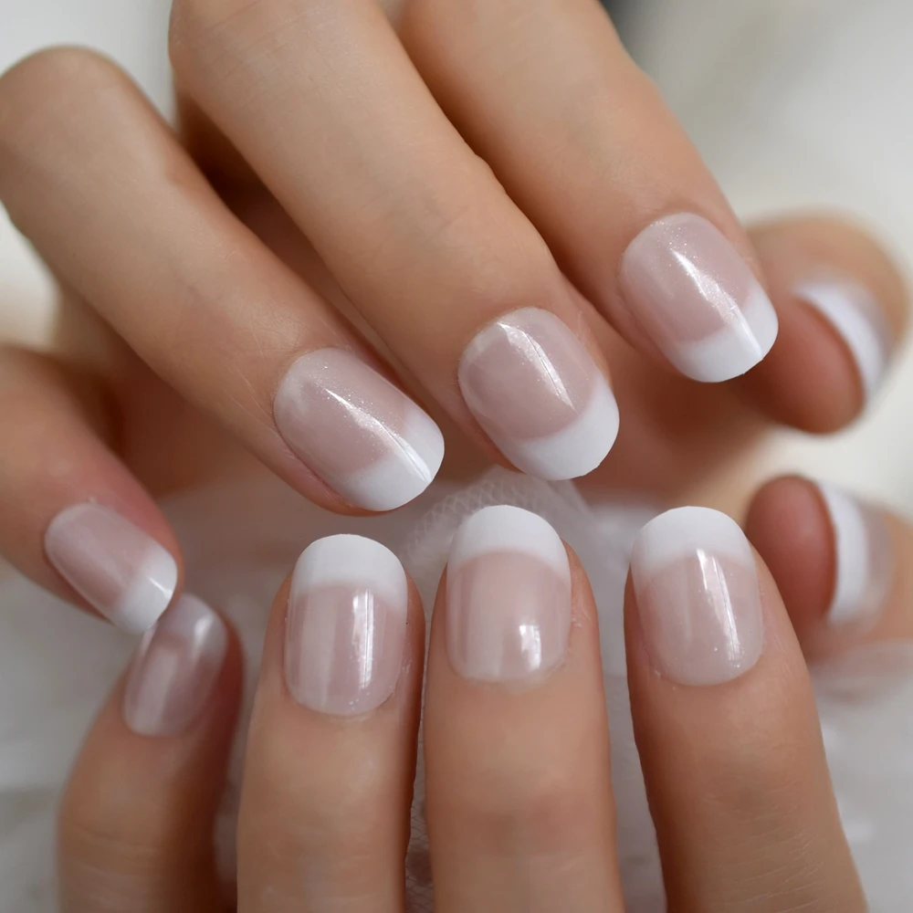Salon Acrylic French Nails Short Length Ombre Round French Tips Glitter Pattern White Thin False Nail 24 Ct False Nails Aliexpress