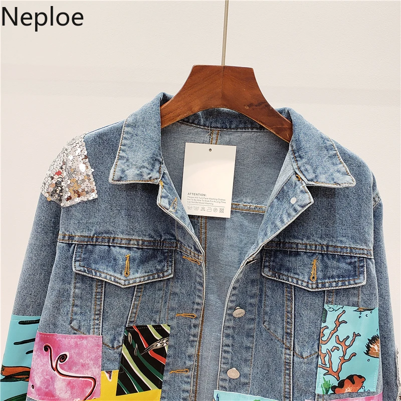 Neploe/осеннее модное лоскутное платье с принтом Chaquetas Mujer Свободное длинное платье с длинными рукавами Студенческая джинсовая куртка женская Veste Femme 46231