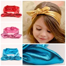 Детская повязка на голову в Корейском стиле для девочек, эластичная повязка на голову металлического цвета, повязка на голову с милыми заячьими ушками, 7 цветов на выбор, головной убор