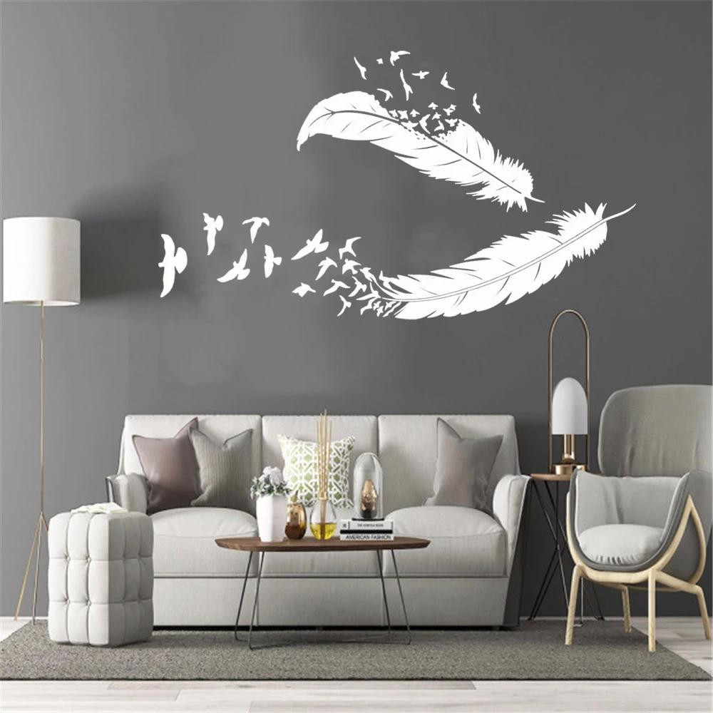 Makeyes Feather Birds Wall Stickers Home Living Room Modern Decor Vinyl Wall Decal Flying Feather Wall Art Nature Decoration