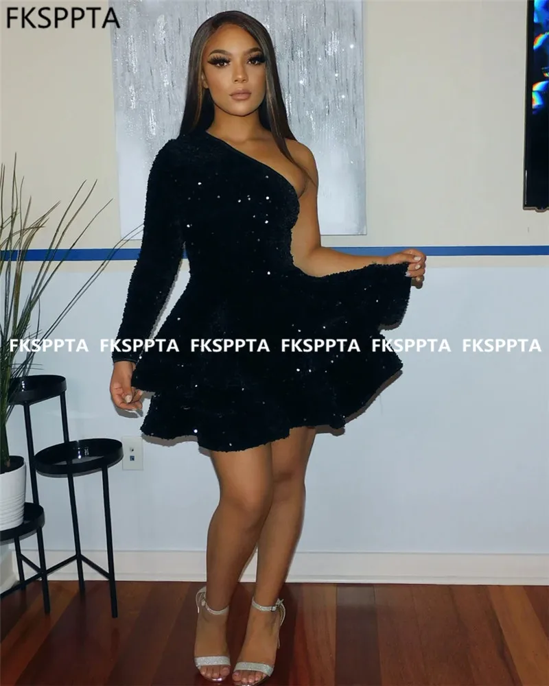 Wholesale Black Short Prom Dresses African Girls Sparkly Sequin Wedding Party Dress One Shoulder Long Sleeve Prom Gowns Cheap