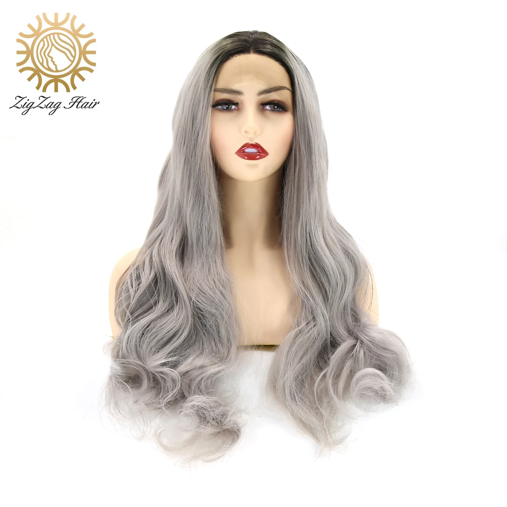

ZigZag Ombre Gray Long Wavy Lace Front Synthetic Wigs for Black Women Heat Resistant Fiber Hair Cosplay Grey Natural Ombre Wig