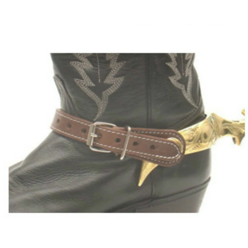 2pcs Horse Riding Bronzed Western Style Spurs Leather Belt Mild Steel Manual Carving German Silver Encrusted Western Cowboy Spur 5