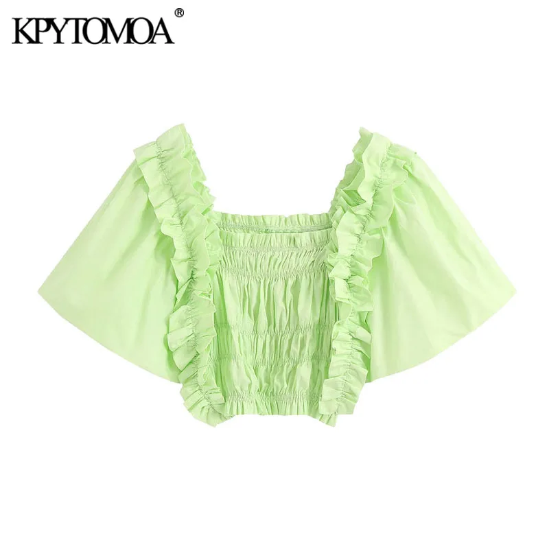 KPYTOMOA Women 2020 Fashion Ruffles Smocked Cropped Blouses Vintage Square Collar Puff Sleeve Female Shirts Blusas Chic Tops KPYTOMOA Women 2020 Fashion Ruffles Smocked Cropped Blouses Vintage Square Collar Puff Sleeve Female Shirts Blusas Chic Tops