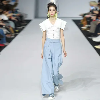 

European Grand Prix 19 Summer Fashion Show Women's Clothing Lapel White Folds Personality Top + Blue Wide Leg Pants Suit