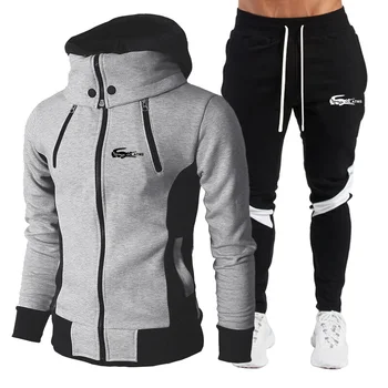 

2020 Winter Fashion Casual Logo Men's Brand Hoodie Set Casual Long Sleeve High Neck Slim Zip Cardigan Hooded Sweatshirt + Pants