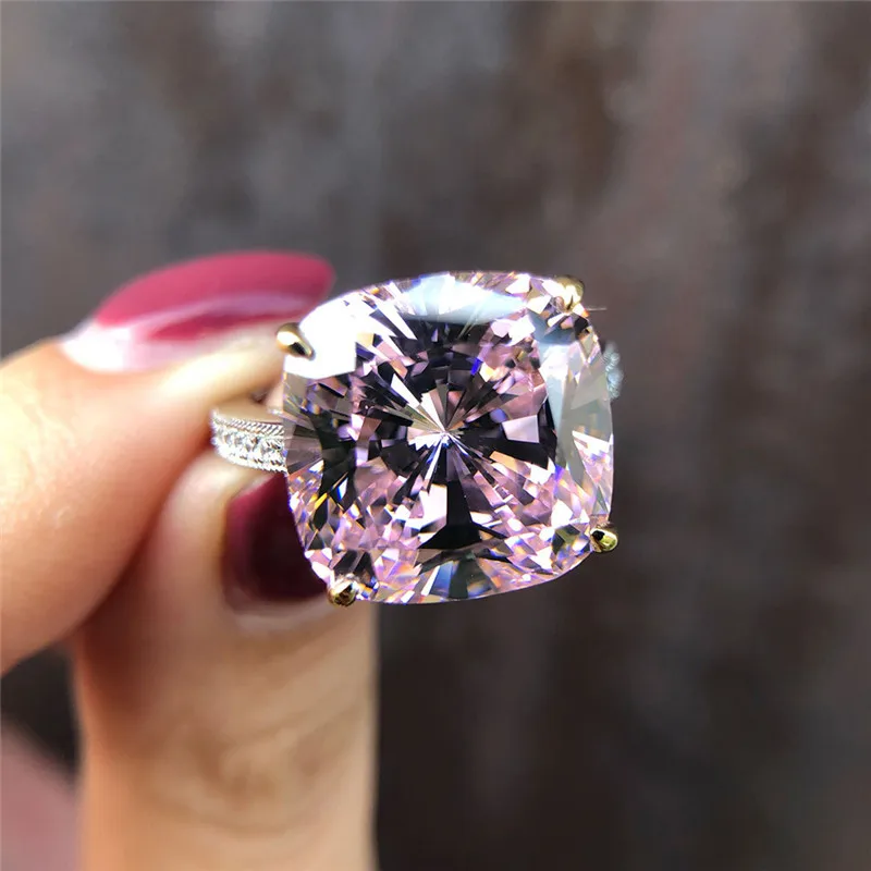 Розовый choucong Real 925 Sterling Silver Rings for women men Cushion cut 8ct Sona Diamon cz Engagement Wedding Band Ring Jewelry - Цвет основного камня: Розовый