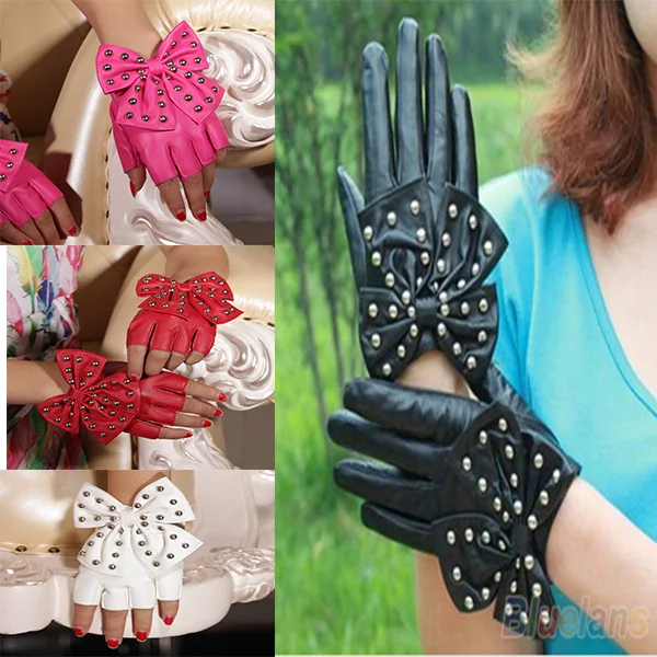 Gothic Punk Women Faux Leather Gloves Sexy Wrapped Wrist Fingerless Nightclub Stage Gloves Lady Rivet Short Half Fingers Gloves