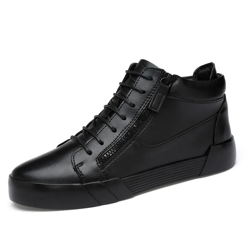 

Black Men Leather Boots Size 37-44 Inner Increasing Man Ankle High Shoes Casual Flat Shoes