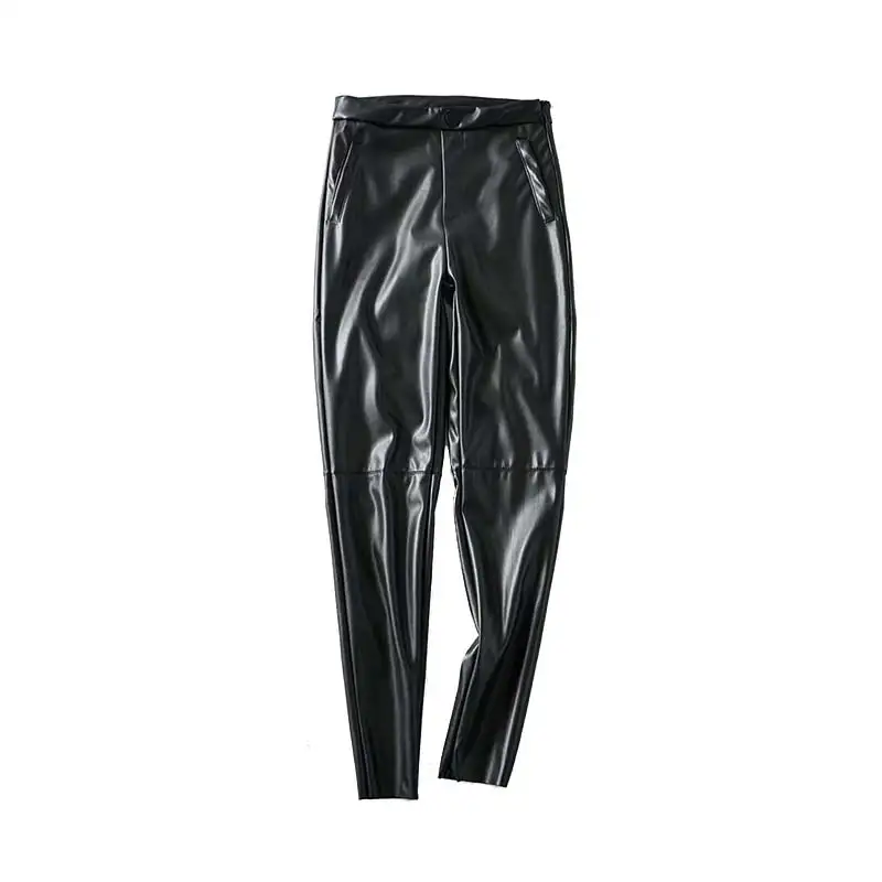 Vadim женские стильные брюки из искусственной кожи с боковыми карманами на молнии, украшенные женскими стильными одноцветными брюками, длинные брюки mujer KB219 - Цвет: black