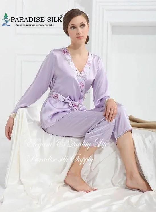 Womens Pajama Set 100% Pure Charmeuse Silk Lilac Pajamas Set Size M L ...