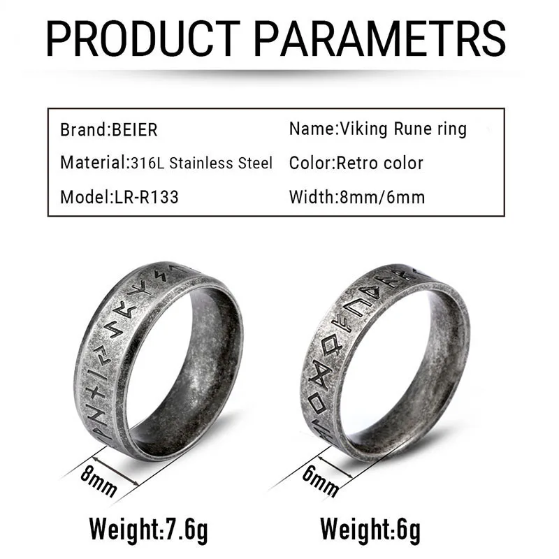 Stainless Steel Finger Ring Beier Stainless Steel Odin Norse Viking Amulet Rune MEN Ring Fashion Words Retro Jewelry LR-R133
