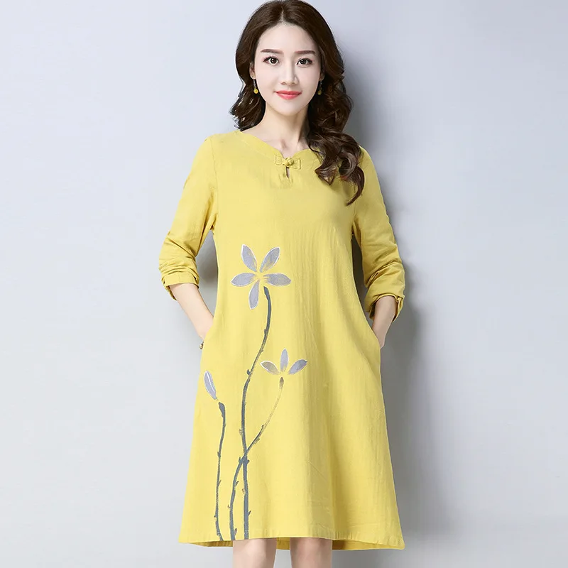 

2020 Spring Clothing New Style Retro Cotton Linen Printed Mid-length Small V-neck Frog Slimming Long-sleeved Dress Women's