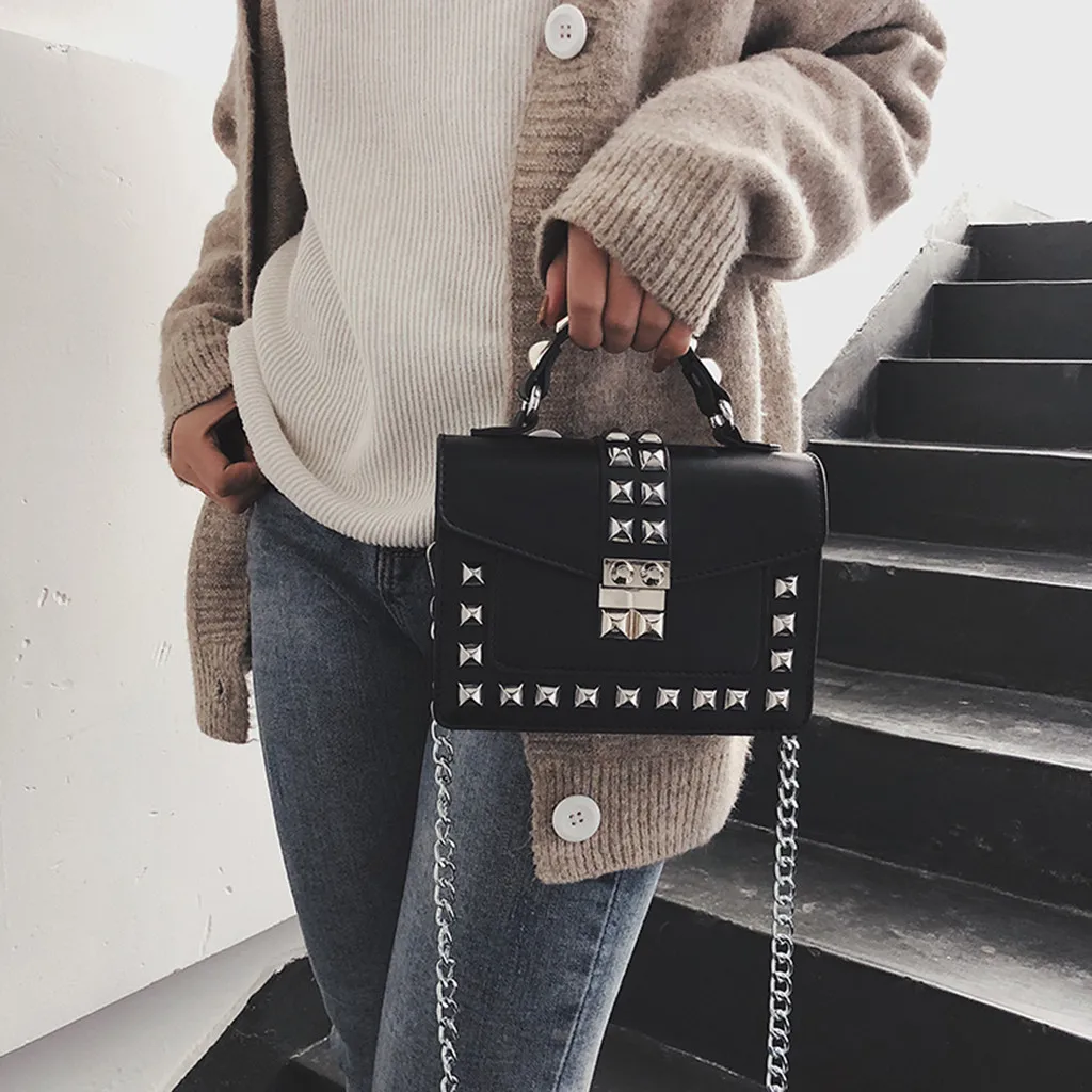 Small clear Brand Designer Woman New Fashion Messenger Bag Chains Shoulder Bag Female Rivets Transparent Square PU Handbag