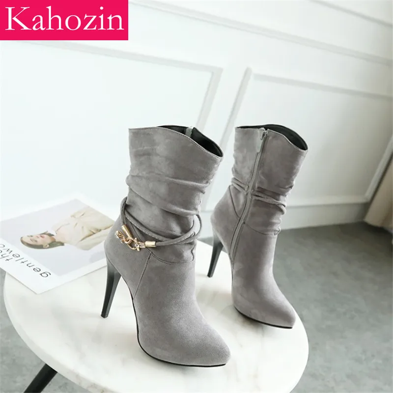 

Kahozin Ankle Boots for Women Pointed Toe Thin Heels Super High10.5CM Women Spring/autumn Botines Faux Suede Slim Boots Size46