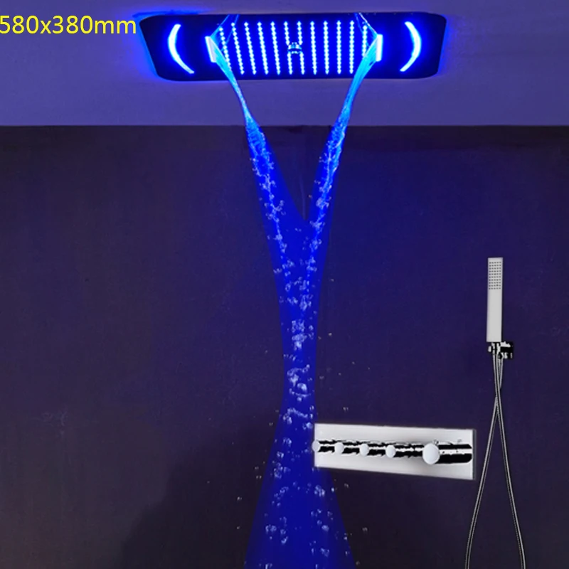 

Rain Ceiling Shower System Remote Control LED Light Bathroom Full Set Thermostatic Faucet Mixing 580x380mm Waterfall Shower Head