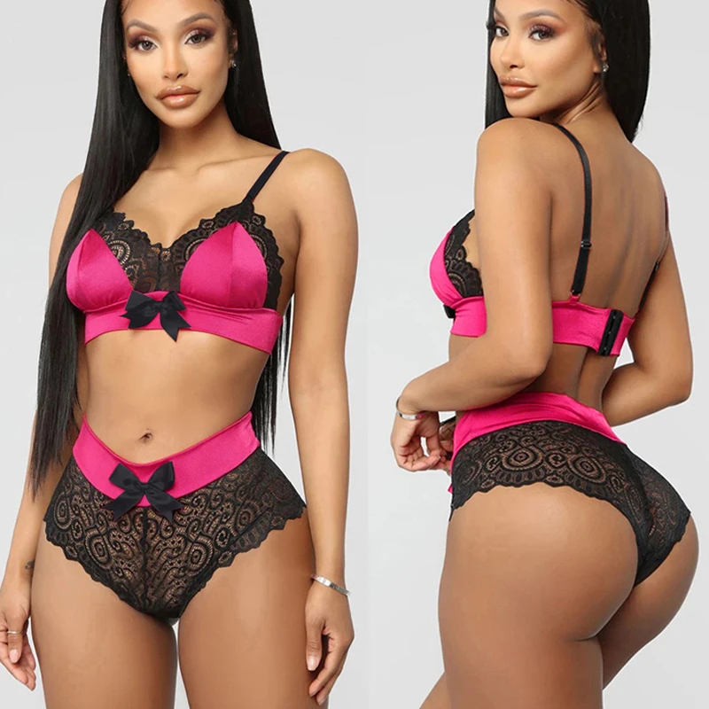 Hot Sell Quality Silk Seamless Lingerie Set Women Lace Bowknot Push Up Bra And Panty Set Sexy V Neck Erotic Underwear Brief Sets plus size bra and panty sets