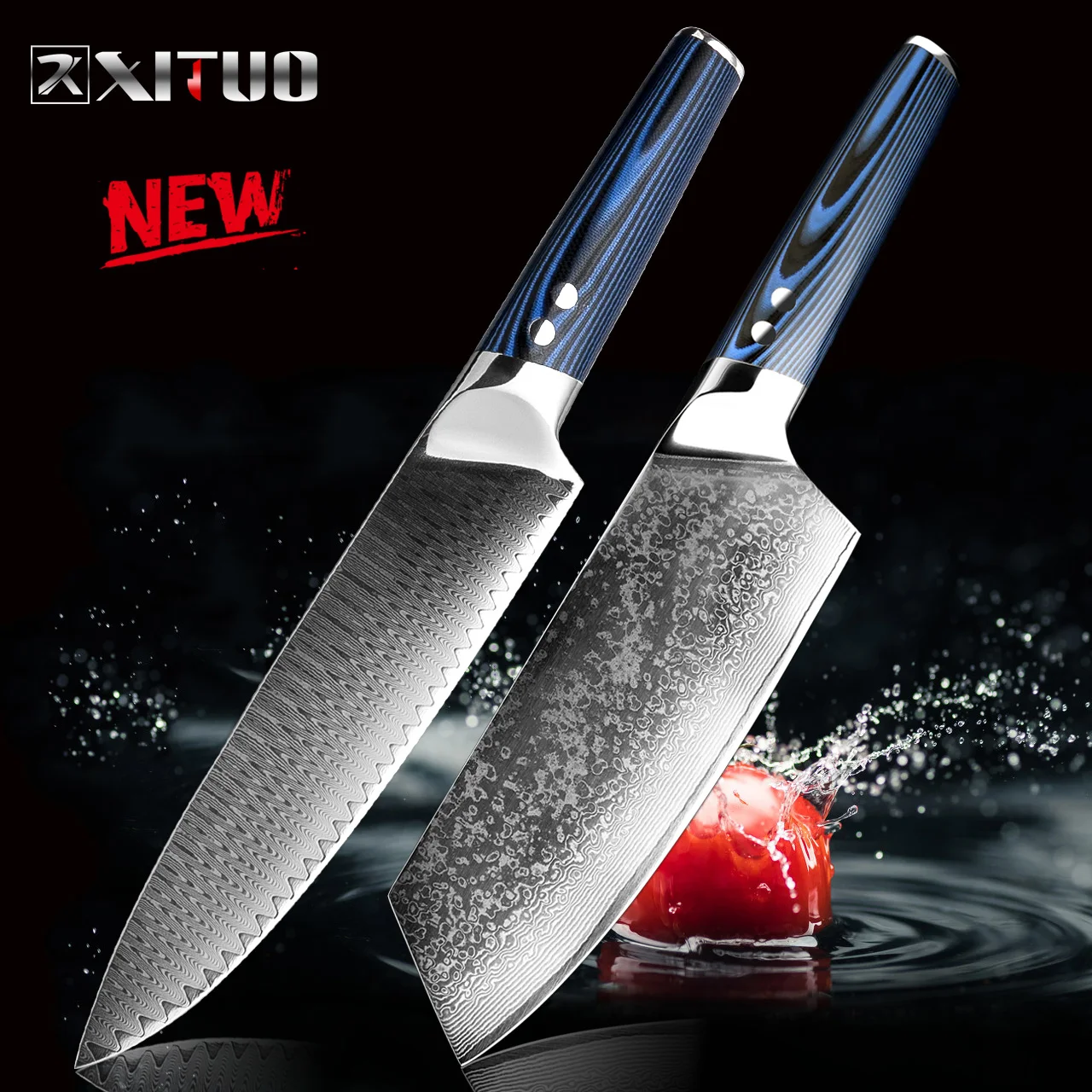 10PCS Kitchen Knives Set,Blue Diamond Knife Set,Stainless Steel Chef Knife  Set,Damascus Pattern,Blue 