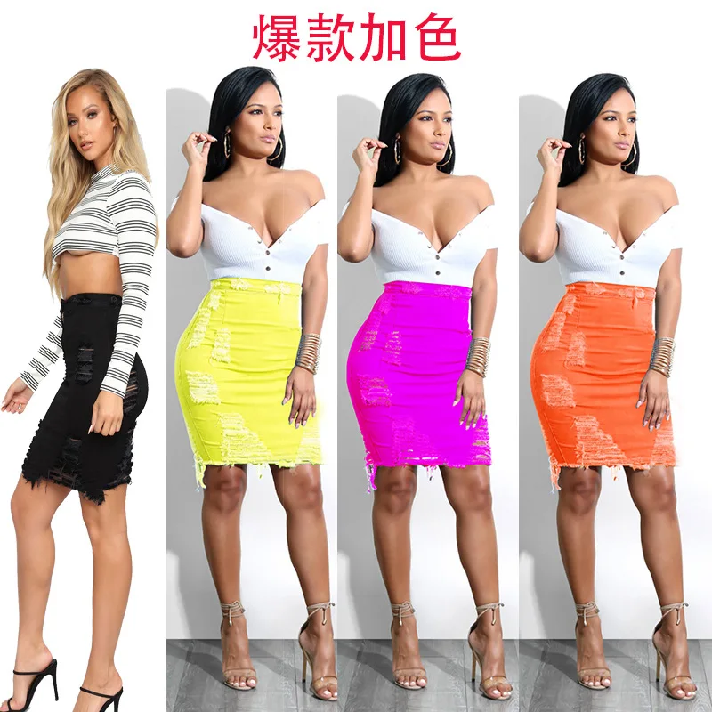 

3Y Spring 2020 Net Red Pop Hole Bag Hip Skirt Amazon Wish Women's Denim Skirt