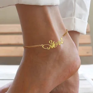 Pulsera tobillera con nombre personalizado para mujer, cadena de pie de acero inoxidable, Color dorado, ajustable, joyería de verano para playa