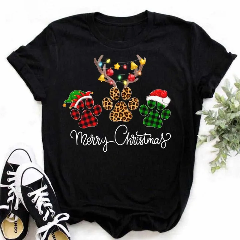Camiseta Maycaur para mujer, divertida camiseta con estampado de patas de perro, camisetas de moda con dibujos animados de Feliz Navidad, camisetas de Año Nuevo y Feliz Navidad 483_voghion.com