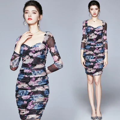 High quality women Spring Autumn Middle sleeve Boho swing Tights Dress femme Screen printing Party Dresses formal attire | Женская