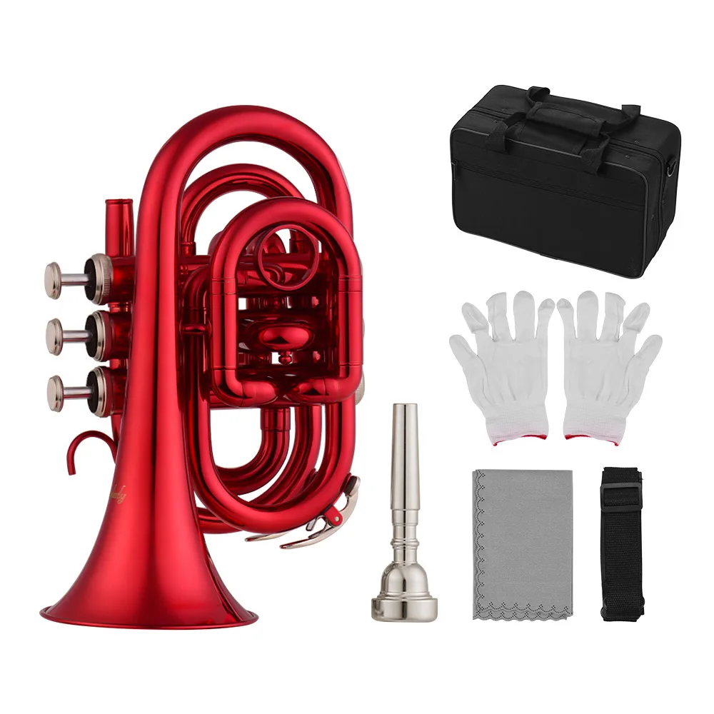 Muslady Mini Pocket Trumpet Bb Flat Brass Material Wind Instrument with Mouthpiece Gloves Cleaning Cloth Carrying Case