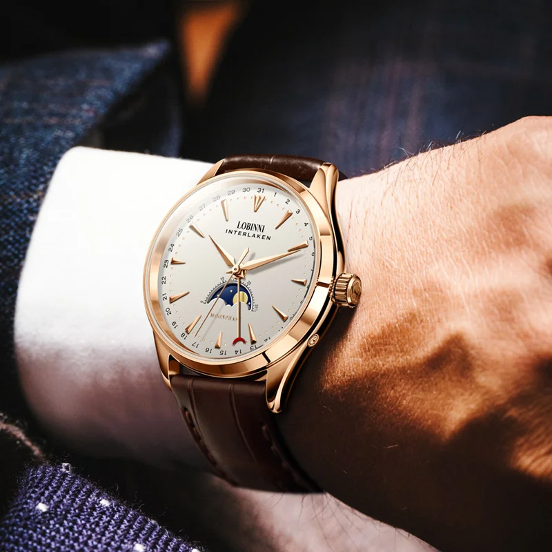 LOBINNI швейцарские мужские часы люксовый бренд Moon Phase авто механические мужские часы Сапфировая кожа relogio masculino L16012