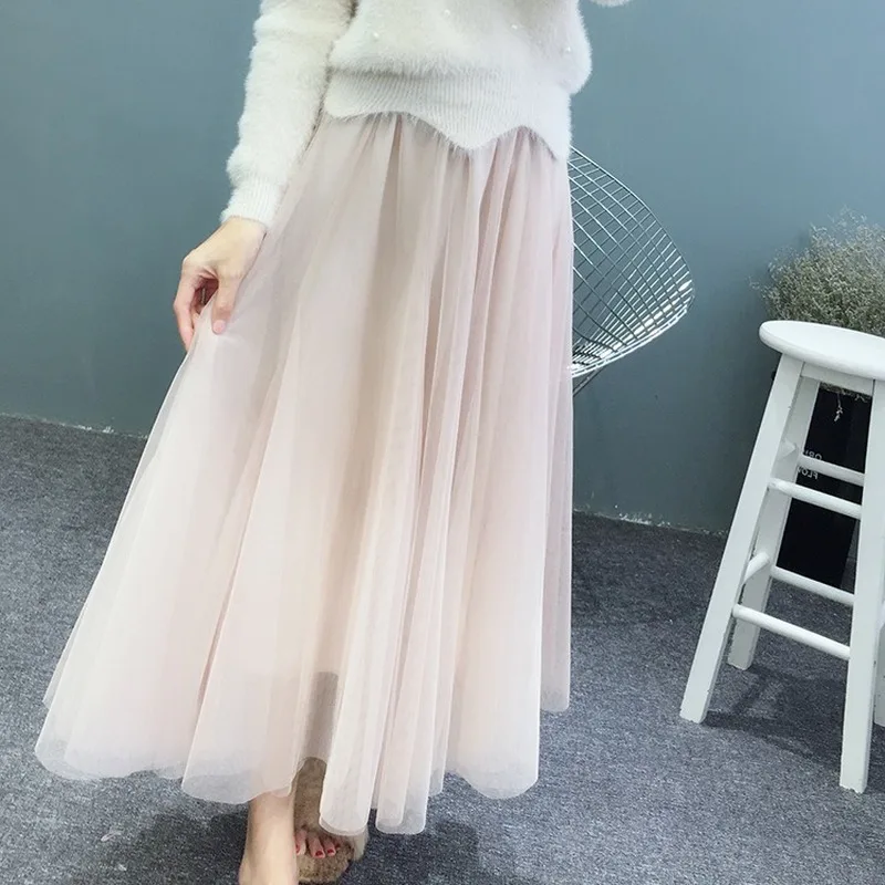 

Spring Autumn High-Waist Large Swing Mid-Length Mesh Bubble Skirt