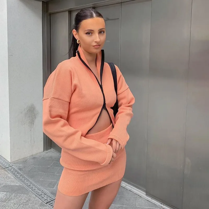 

2020 Autumn Women Suit Hot Style Solid Color Zipper Long Sleeves Sexy Crop Tops & Skirt Knitting 2 Piece Set