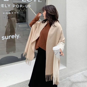 

2020New Autumn and winter water ripple Color matching Korean style Scarf Tassels with any color Dual purpose keep warm Shawl