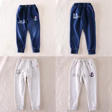 18 двухцветные спортивные штаны для мальчиков с принтом в виде буквы, лодки, якоря, с вышивкой на ногах, микро эластичные повседневные универсальные брюки с петельным ворсом