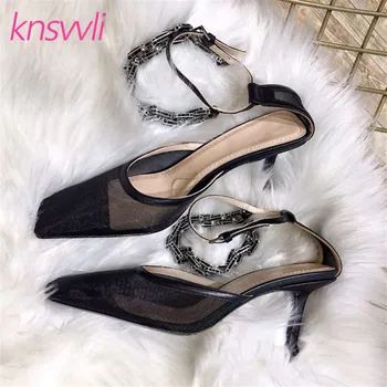

Runway Square Toe Mesh Leather High Heels Woman Sandals Rhinestone Chain Ankle Strap Summer Gladiator Shoes Woman Party Pumps