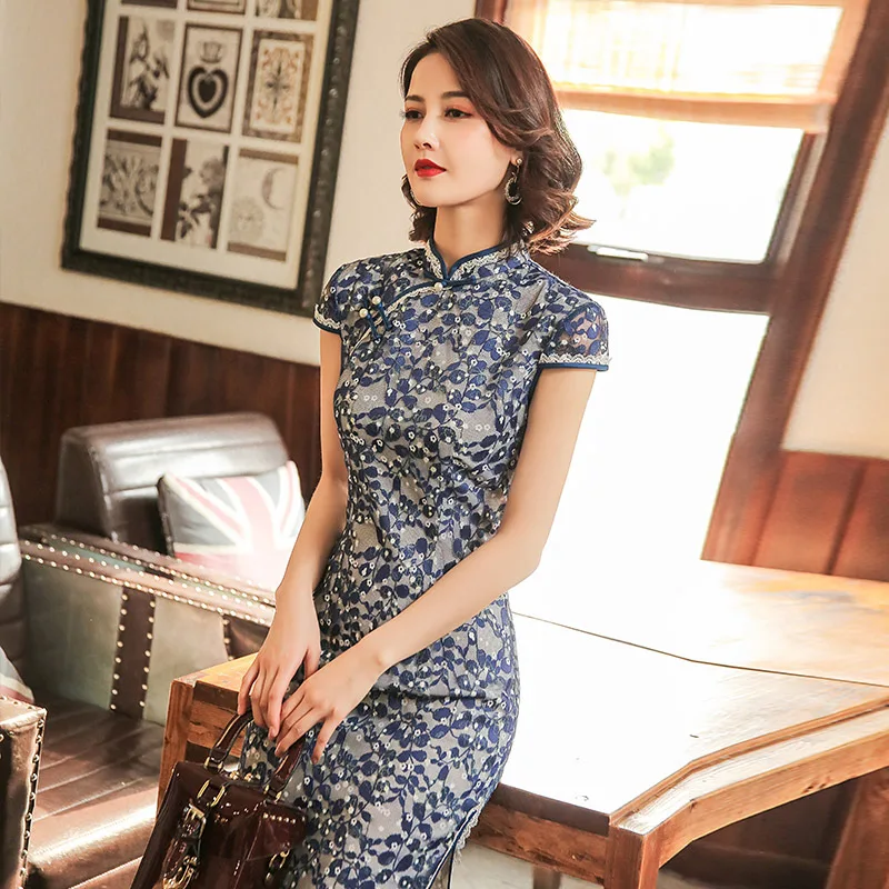 Цветочное женское кружевное Qipao Сексуальное Тонкое китайское вечернее платье большого размера 3XL с высоким Чонсам с высоким разрезом элегантное платье