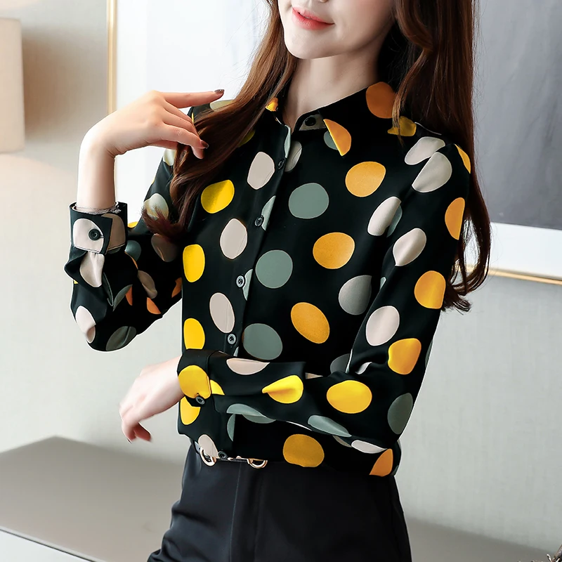  Korean Autumn Women Shirts Woman Chiffon Blouses Woman Dot Blouse Shirt Plus Size Womens Tops and B