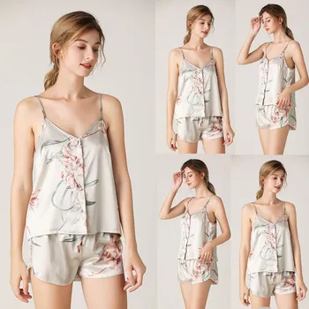 

wholesale pyjamas women Round V-Neck Drawstring Sleeveless printing Pajamas 3pc Sets Satin Pajamas For pijama пижама женская