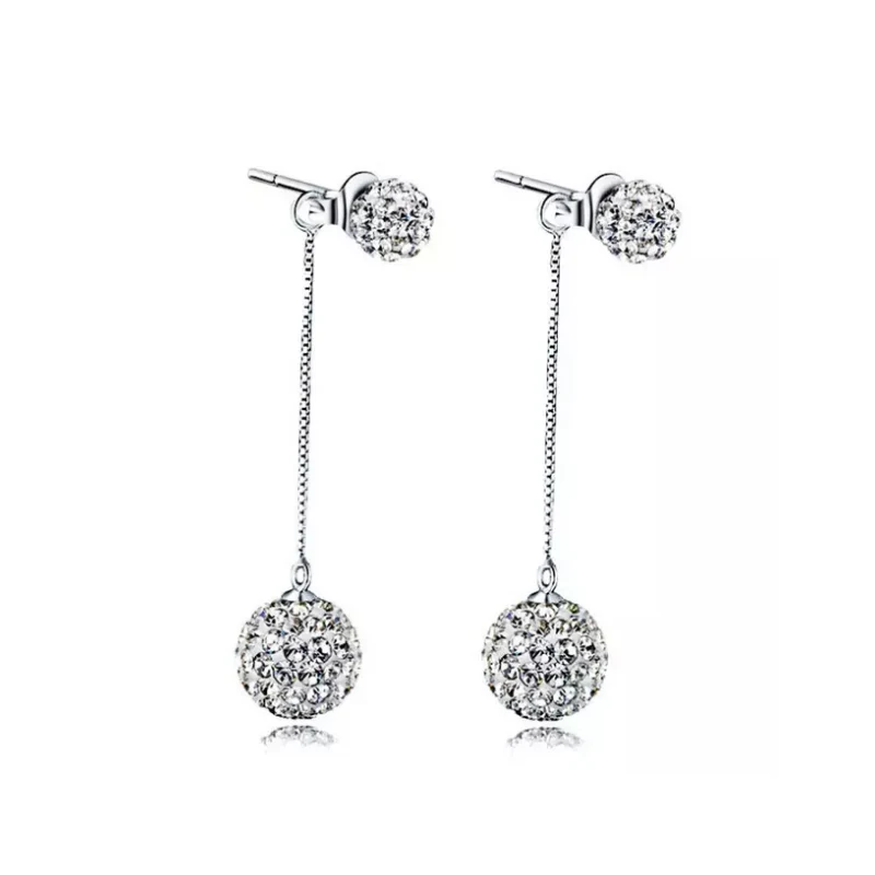 

New Arrival!! 925 Sterling Silver Earrings Full Crystal Ball Long Tassel Stud Earrings brincos For Women S-E01