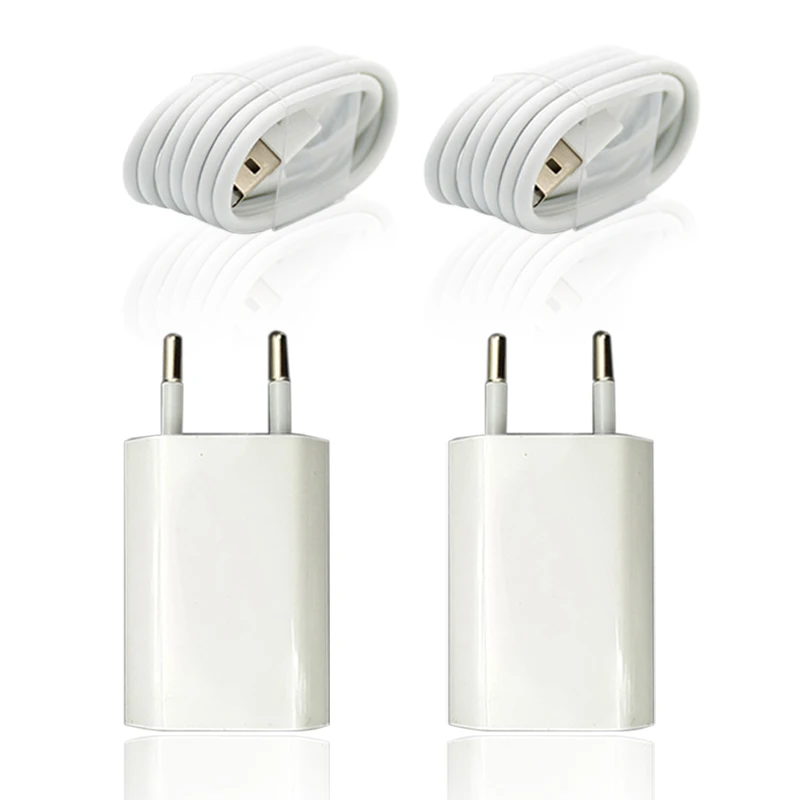 2 Set/Lot Wall AC EU Plug USB Charger For iPhone 8 Pin USB Charging Cable + Travel Charger Adapter For Apple iPhone 5 5S 6 6S 7