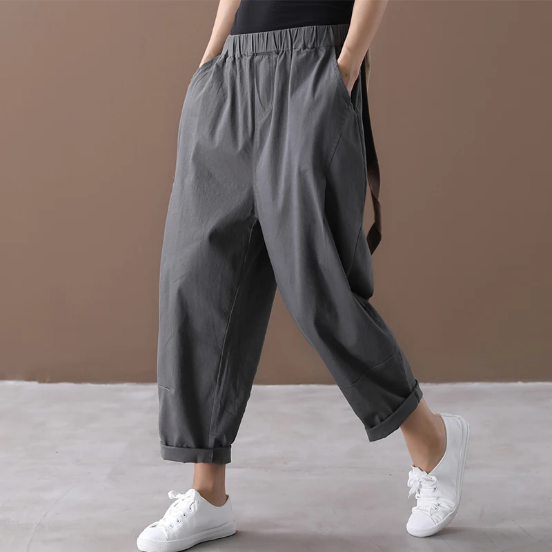 

[EWQ] 2019 Autumn New Pattern Office Lady Style Large Size Loose Mid Waist Solid Color Long Length Elastic Harem Pants AF898