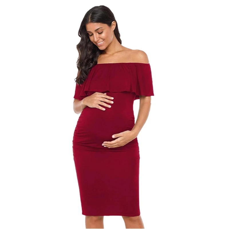 

Maternity Dresses Summer Women Sexy Ruffled Shoulderless Bandage Pregnancy Maternity Dress For Pregnant Solid Sexy Clothing