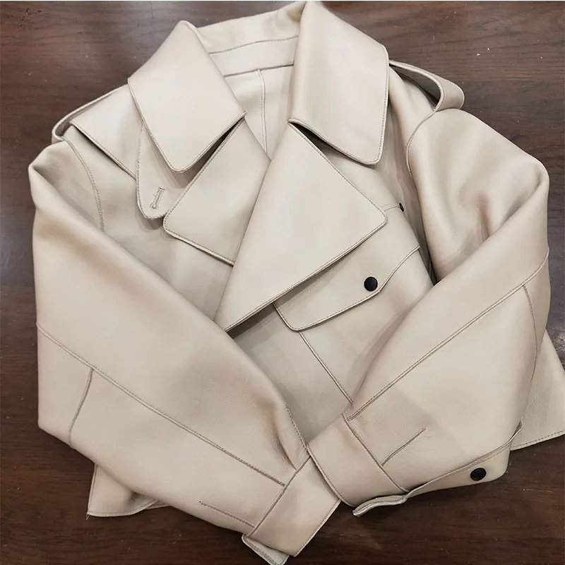 beige white Женская куртка из натуральной кожи, Натуральная овечья кожа, новинка, Весенняя модная куртка из натуральной кожи - Цвет: beige white