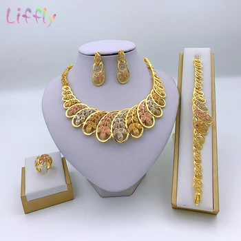 

Fashion Jewelry Set Colorful Leaf Shape Necklace Bracelet Earrings Ring Nigeria Wedding Women Crystal Jewelry Set