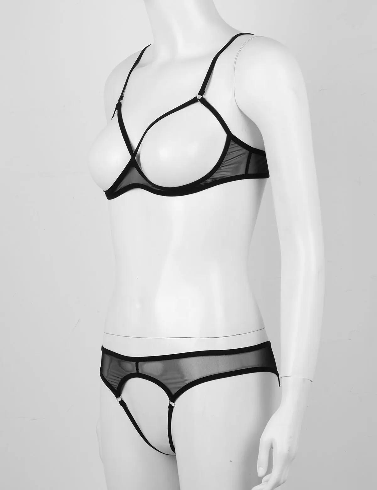 Womens See Through Sheer Mesh Lingerie Set Open Cups Bra Top Low Rise Crotchless Briefs Underwear 2Pcs