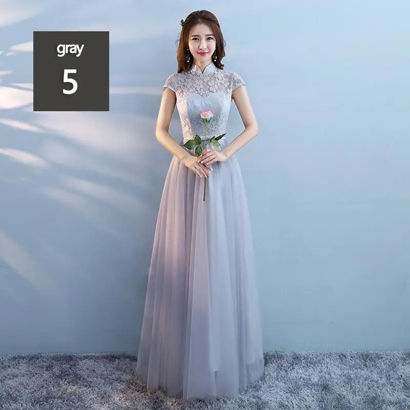 Сексуальное серебристо-серое платье подружки невесты, длинные кружевные пышные платья, вечерние платья, элегантное шифоновое платье подружки невесты цвета шампанского для свадьбы - Цвет: gray 5
