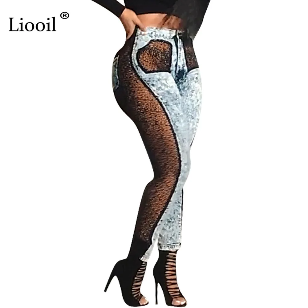 Liooil прозрачные сексуальные кружевные джинсы женские брюки с высокой талией узкие брюки потертые обтягивающие Стрейчевые джинсовые брюки