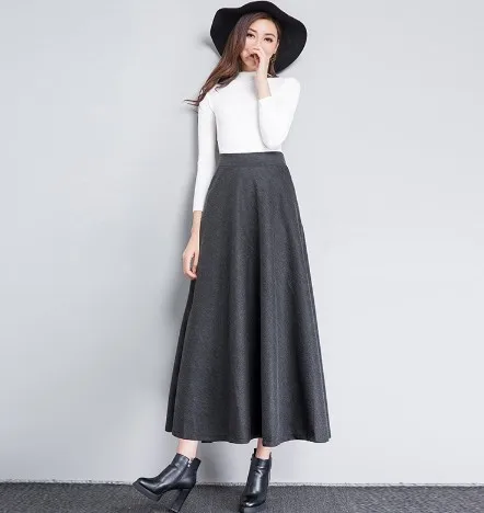 S-2XL, длинные шерстяные юбки для женщин, элегантная женская юбка с высокой талией, зима, повседневные плотные теплые макси юбки с карманами для женщин DS8044 - Цвет: Dark gray
