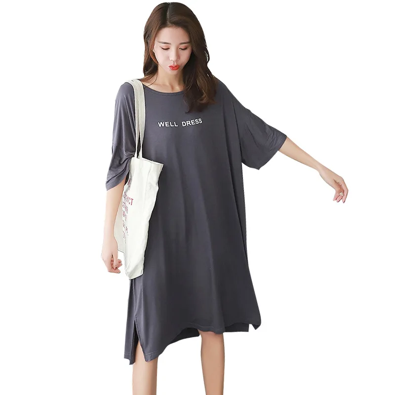 

Modal Short-sleeve Dress Women's Exposed Shoulder-Loose And Plus-sized Medium-length Dress Bat Sleepwear Dress Summer Wear-Outer