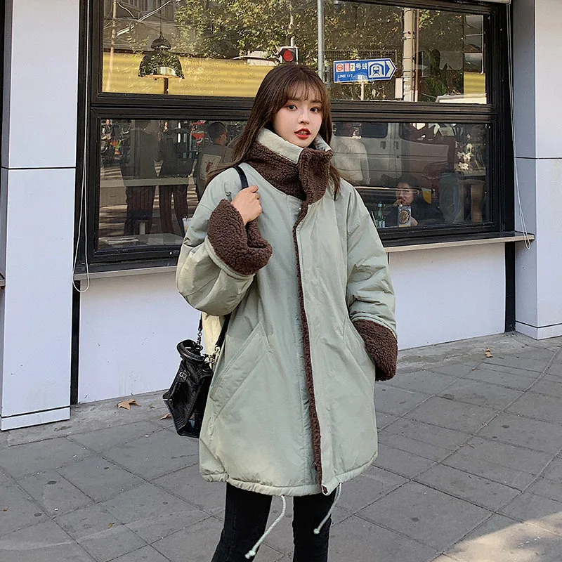 

Photo Shoot Green Lambs Wool Cotton-padded Clothes Women's Mid-length 2019 Winter New Style CHIC Korean-style Loose-Fit Reversib