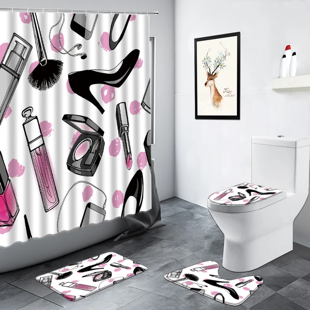 Girl Fashion Perfume Bottle Shower Curtains Set Printed Sexy Red Lips  Creative Cosmetics High-Heeled Pattern Rug Bathroom Decor