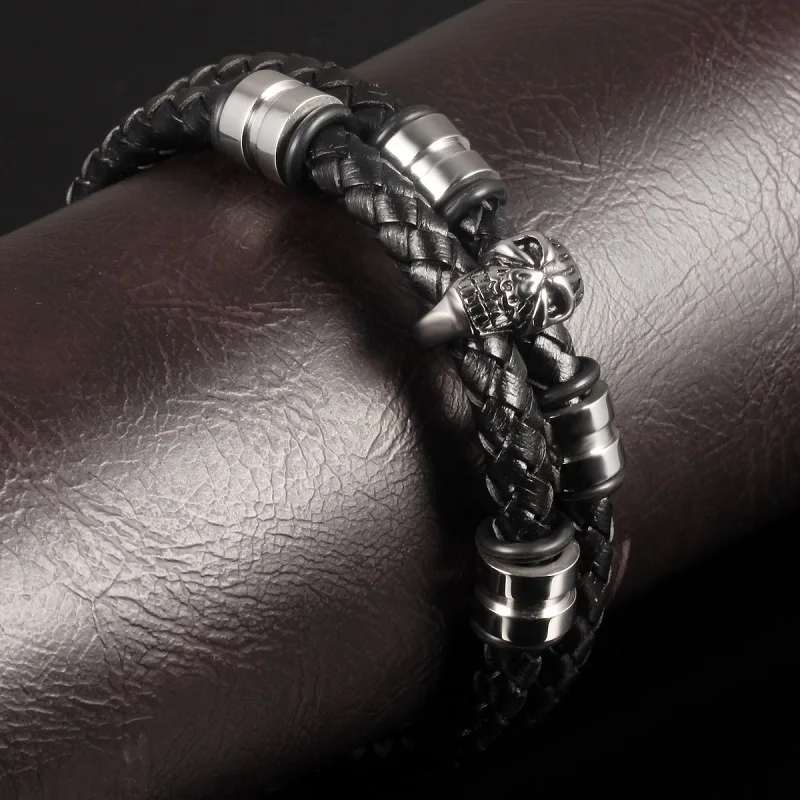 Charm Skull Bracelets & Bangles Men Stainless Steel Double Layer Black Leather Chain Punk Fashion Jewelry PS2099